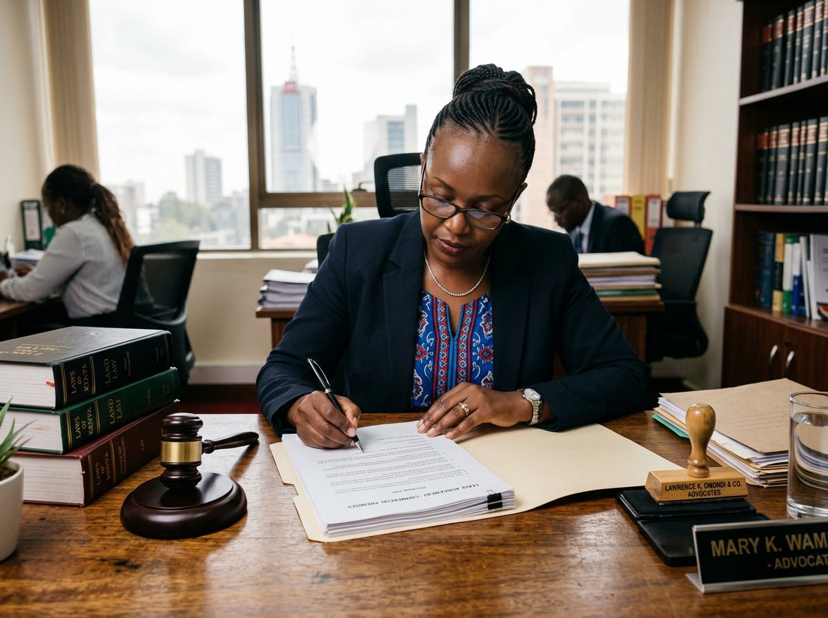 Lawyer reviewing lease agreements and compliance documents in Nairobi