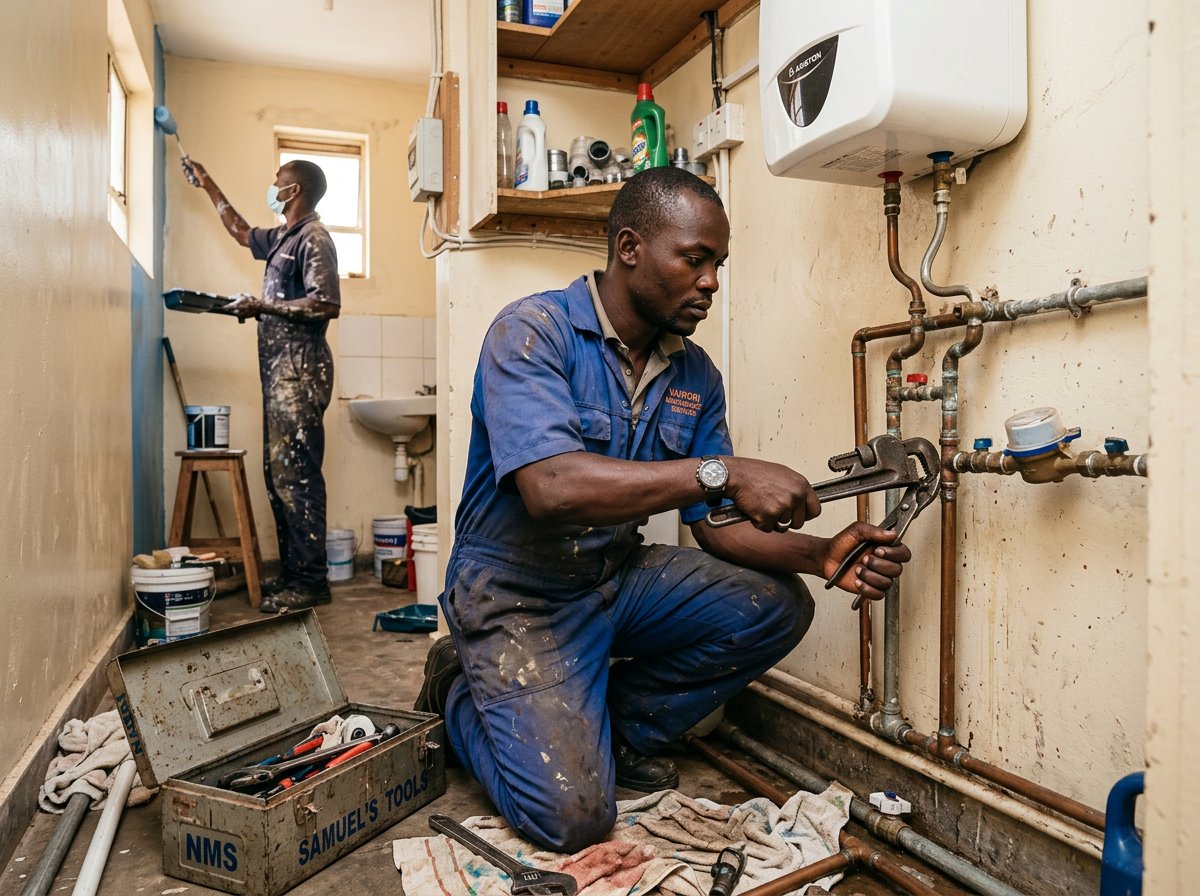 Maintenance technician repairing utilities in a Nairobi apartment