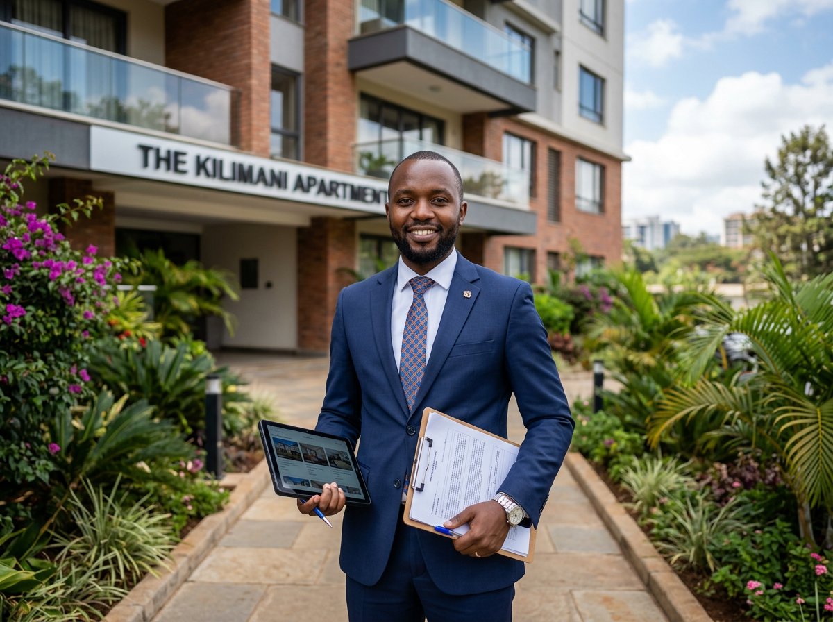 Liphrah property manager with a tablet in front of a Nairobi apartment building