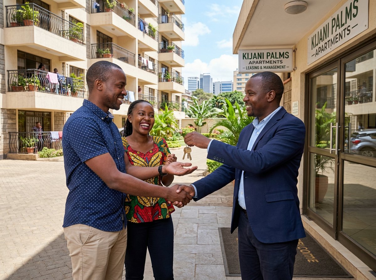 Kenyan tenants receiving apartment keys from a Liphrah property manager